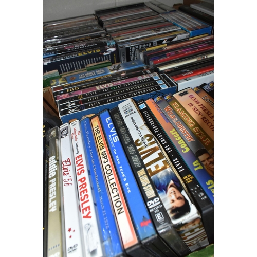 519 - SIX BOXES OF 'ELVIS' DVDS, VIDEOS AND BOXED SETS, to include eighteen boxed sets (some unopened), ov... 