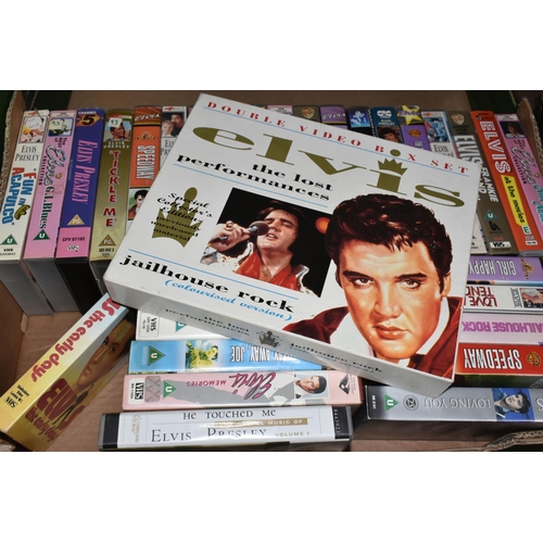 519 - SIX BOXES OF 'ELVIS' DVDS, VIDEOS AND BOXED SETS, to include eighteen boxed sets (some unopened), ov... 