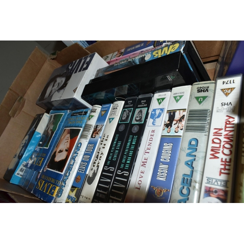 519 - SIX BOXES OF 'ELVIS' DVDS, VIDEOS AND BOXED SETS, to include eighteen boxed sets (some unopened), ov... 