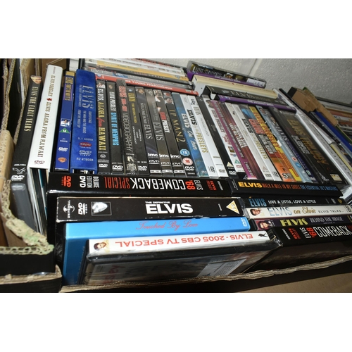 519 - SIX BOXES OF 'ELVIS' DVDS, VIDEOS AND BOXED SETS, to include eighteen boxed sets (some unopened), ov... 