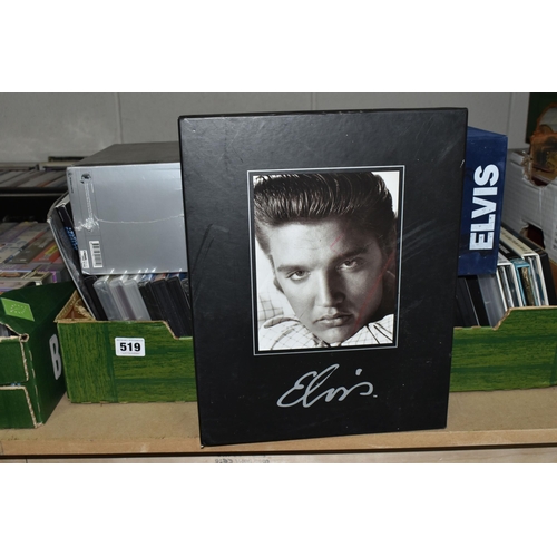 519 - SIX BOXES OF 'ELVIS' DVDS, VIDEOS AND BOXED SETS, to include eighteen boxed sets (some unopened), ov... 