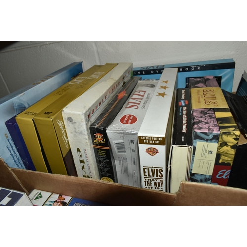 519 - SIX BOXES OF 'ELVIS' DVDS, VIDEOS AND BOXED SETS, to include eighteen boxed sets (some unopened), ov... 