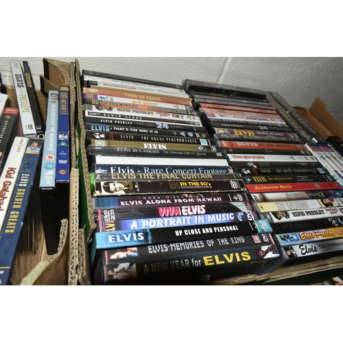 519 - SIX BOXES OF 'ELVIS' DVDS, VIDEOS AND BOXED SETS, to include eighteen boxed sets (some unopened), ov... 