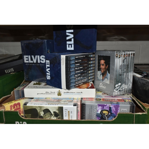 519 - SIX BOXES OF 'ELVIS' DVDS, VIDEOS AND BOXED SETS, to include eighteen boxed sets (some unopened), ov... 