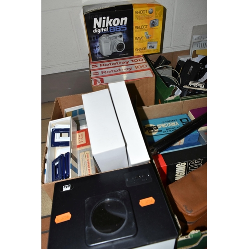 521 - SIX BOXES OF CAMERAS, to include a boxed Camlink tripod, eleven boxes of Rototray 100, a boxed Nikon... 