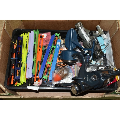 524 - THREE BOXES AND LOOSE FISHING EQUIPMENT, including rods: Daiwa Carp Match Pellet Waggler 12W (good c... 