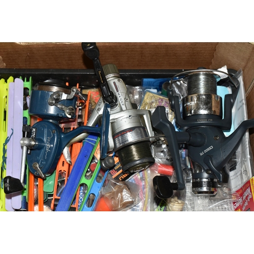 524 - THREE BOXES AND LOOSE FISHING EQUIPMENT, including rods: Daiwa Carp Match Pellet Waggler 12W (good c... 