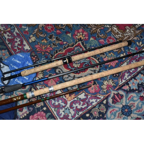 524 - THREE BOXES AND LOOSE FISHING EQUIPMENT, including rods: Daiwa Carp Match Pellet Waggler 12W (good c... 