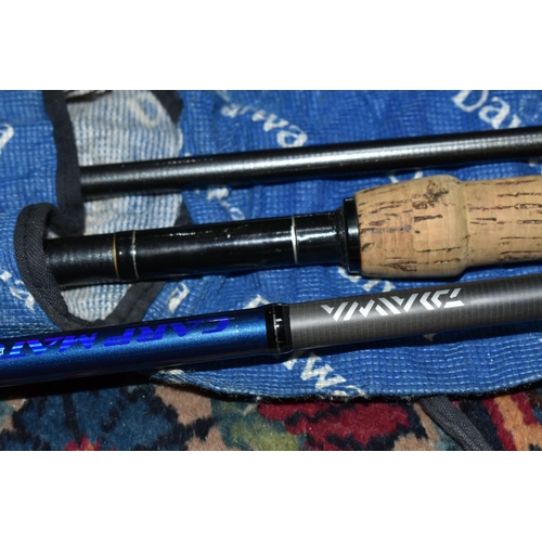 524 - THREE BOXES AND LOOSE FISHING EQUIPMENT, including rods: Daiwa Carp Match Pellet Waggler 12W (good c... 