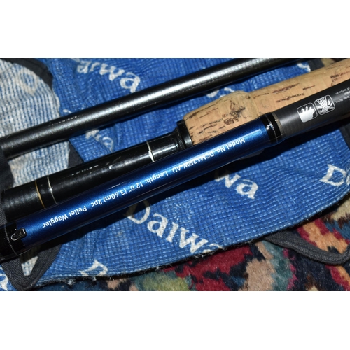 524 - THREE BOXES AND LOOSE FISHING EQUIPMENT, including rods: Daiwa Carp Match Pellet Waggler 12W (good c... 