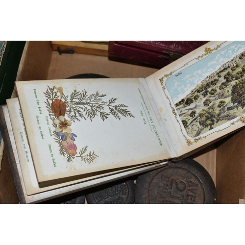 531 - A BOX OF WEIGHTS, SEALING SET AND A PRESSED FLOWER SOUVENIR ALBUM, comprising a fitted wooden case o... 