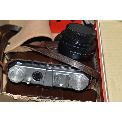 532 - A BOX OF CAMERAS AND RELATED EQUIPMENT, comprising cased Bolex Paillard B8SL and Meopta Admira 8F ci... 