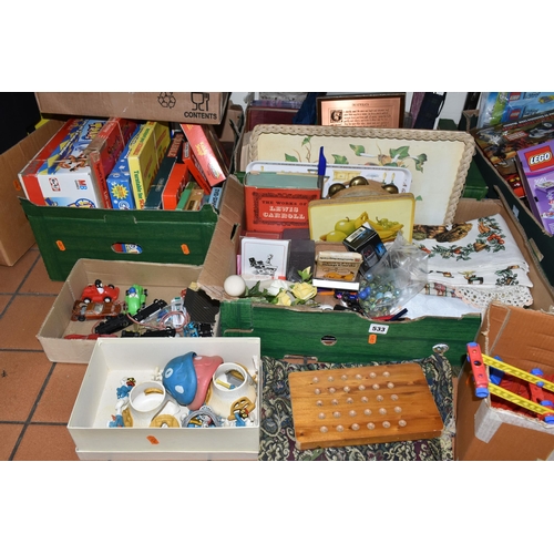 533 - SEVEN BOXES OF TOYS, GAMES AND SUNDRY ITEMS, to include a small quantity of marbles, 1970s Smurf fig... 