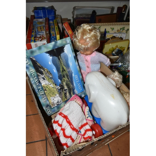 533 - SEVEN BOXES OF TOYS, GAMES AND SUNDRY ITEMS, to include a small quantity of marbles, 1970s Smurf fig... 