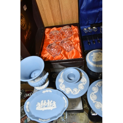 538 - EIGHT PIECES OF WEDGWOOD PALE BLUE JASPERWARE GIFTWARE, SILVER AND PLATE, ETC, comprising a pair of ... 