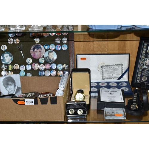 539 - A COLLECTION OF ELVIS MEMORABILIA, including approximately sixty badges within a stained pine frame,... 