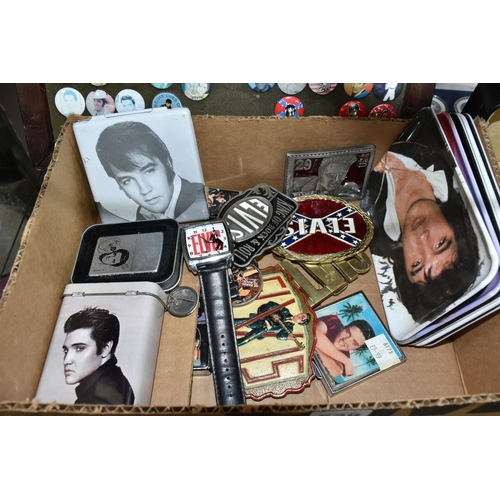 539 - A COLLECTION OF ELVIS MEMORABILIA, including approximately sixty badges within a stained pine frame,... 