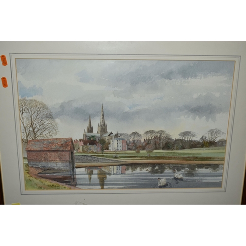 546 - TWO BOXES AND LOOSE PAINTINGS AND PRINTS ETC, to include a Vic Bowcott landscape watercolour depicti... 