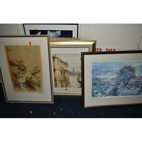 546 - TWO BOXES AND LOOSE PAINTINGS AND PRINTS ETC, to include a Vic Bowcott landscape watercolour depicti... 