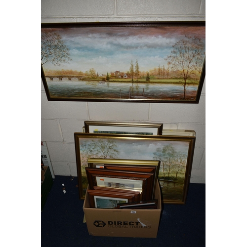 547 - A BOX AND LOOSE PAINTINGS AND PRINTS ETC, to include two river landscape oils on board signed J. Ray... 