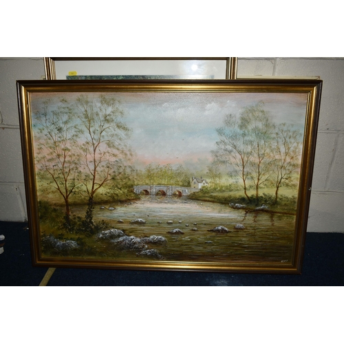 547 - A BOX AND LOOSE PAINTINGS AND PRINTS ETC, to include two river landscape oils on board signed J. Ray... 