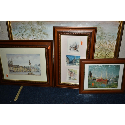 547 - A BOX AND LOOSE PAINTINGS AND PRINTS ETC, to include two river landscape oils on board signed J. Ray... 