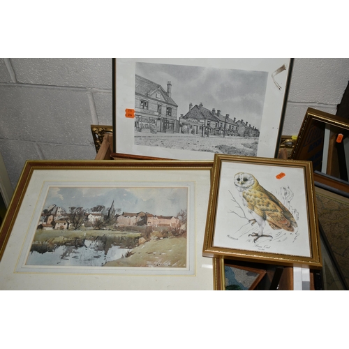 548 - A BOX AND LOOSE PRINTS AND PICTURE FRAMES ETC, to include prints of the Sacre Coeur, owls, Edward We... 