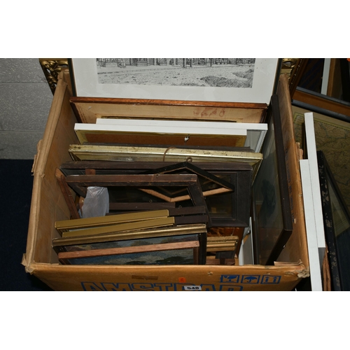 548 - A BOX AND LOOSE PRINTS AND PICTURE FRAMES ETC, to include prints of the Sacre Coeur, owls, Edward We... 