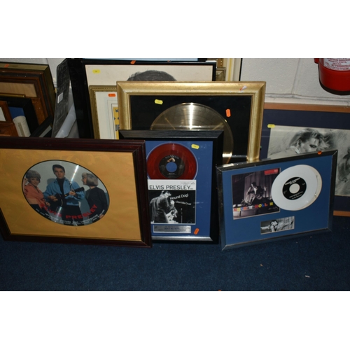 550 - THREE BOXES AND LOOSE ELVIS PRESLEY MEMORABILIA ETC, to include framed records - 'All shook up' HMV ... 