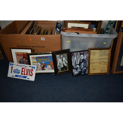 550 - THREE BOXES AND LOOSE ELVIS PRESLEY MEMORABILIA ETC, to include framed records - 'All shook up' HMV ... 