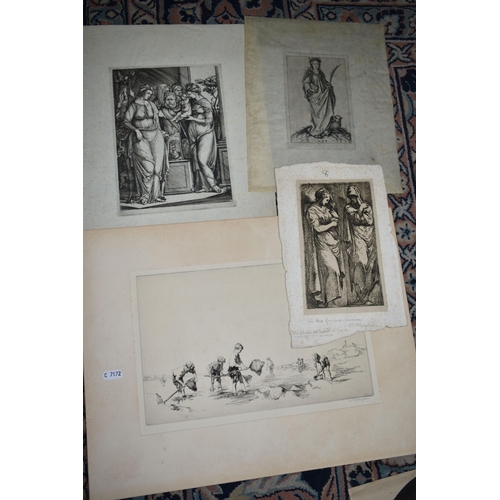 551 - A QUANTITY OF ETCHING, ENGRAVINGS AND LITHOGRAPHIC PRINTS ETC, to include a Martin Schongauer etchin... 