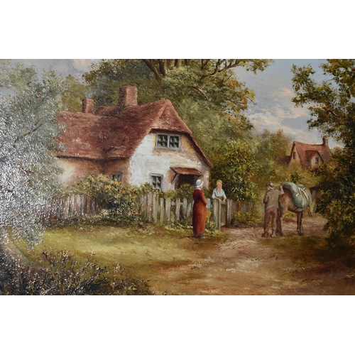 553 - TOM DOUGLAS (BRITISH CONTEMPORARY) A NOSTALGIC STYLE LANDSCAPE WITH FIGURES BEFORE A COTTAGE, signed... 