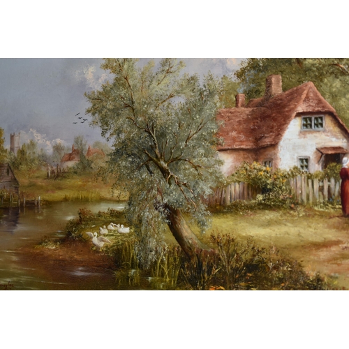 553 - TOM DOUGLAS (BRITISH CONTEMPORARY) A NOSTALGIC STYLE LANDSCAPE WITH FIGURES BEFORE A COTTAGE, signed... 