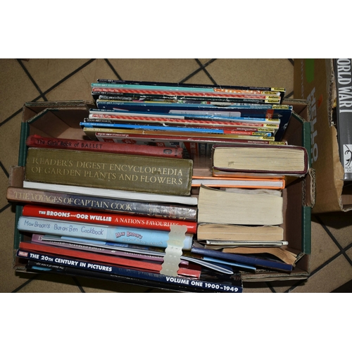 558 - SIX BOXES OF BOOKS and Magazines comprising approximately 100 miscellaneous book titles in hardback ... 