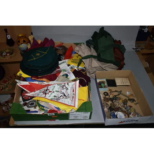 577 - TWO BOXES OF SCOUTING MEMORABILIA ETC to include berets, cap, shirts, jumpers and neckerchiefs in va... 