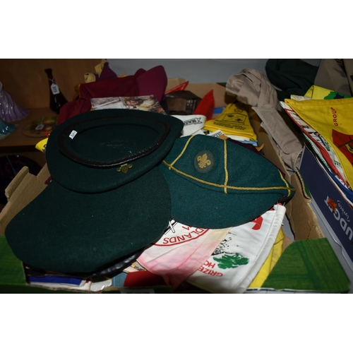 577 - TWO BOXES OF SCOUTING MEMORABILIA ETC to include berets, cap, shirts, jumpers and neckerchiefs in va... 