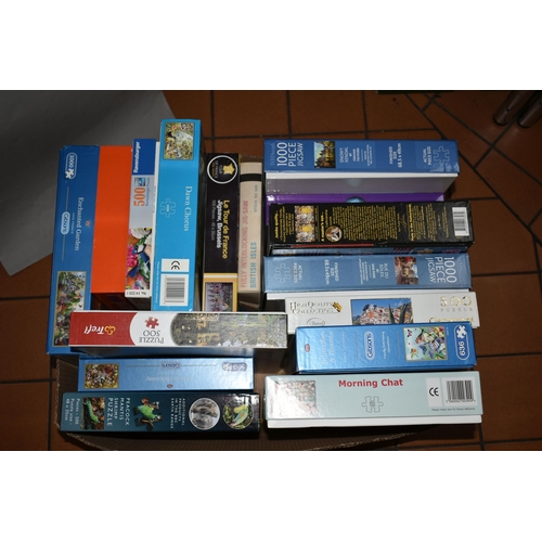 582 - TWO BOXES OF JIGSAW PUZZLES ETC, brands include Ravensburger, Gibsons, BBC Earth, WH Smith, Falcon a... 