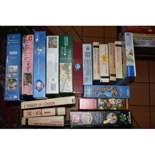 582 - TWO BOXES OF JIGSAW PUZZLES ETC, brands include Ravensburger, Gibsons, BBC Earth, WH Smith, Falcon a... 