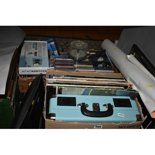 585 - TWO BOXES AND LOOSE CDS, DVDS, LP RECORDS,FILM POSTERS AND ELECTRICAL ITEMS ETC, to include a Bush r... 