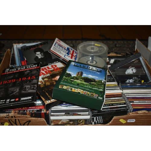 585 - TWO BOXES AND LOOSE CDS, DVDS, LP RECORDS,FILM POSTERS AND ELECTRICAL ITEMS ETC, to include a Bush r... 