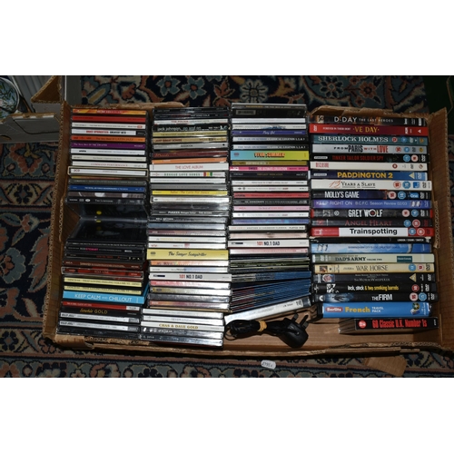 585 - TWO BOXES AND LOOSE CDS, DVDS, LP RECORDS,FILM POSTERS AND ELECTRICAL ITEMS ETC, to include a Bush r... 