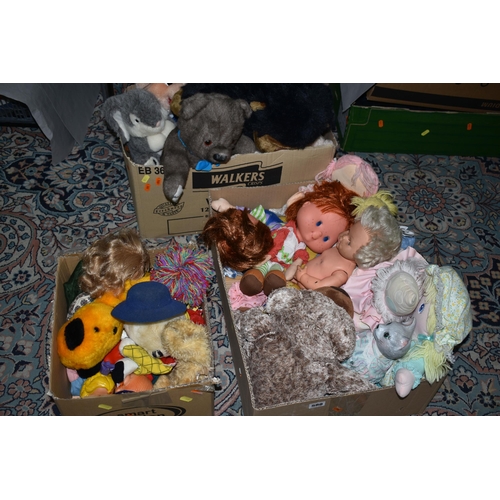 588 - THREE BOXES OF SOFT TOYS AND DOLLS ETC, to include teddy bears, rabbits, pig, gorilla etc, hand pupp... 