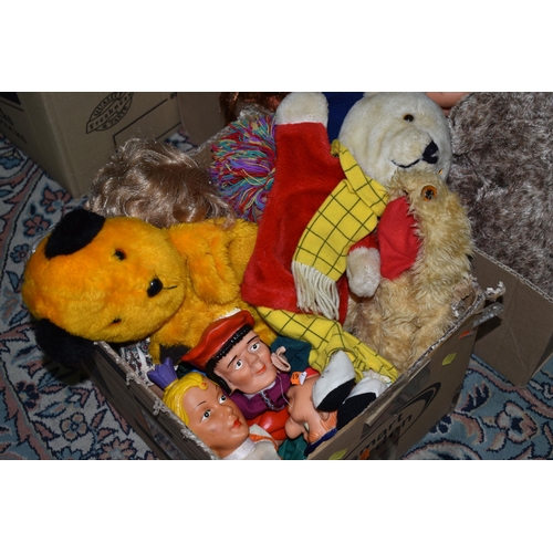 588 - THREE BOXES OF SOFT TOYS AND DOLLS ETC, to include teddy bears, rabbits, pig, gorilla etc, hand pupp... 