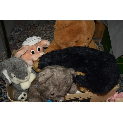 588 - THREE BOXES OF SOFT TOYS AND DOLLS ETC, to include teddy bears, rabbits, pig, gorilla etc, hand pupp... 