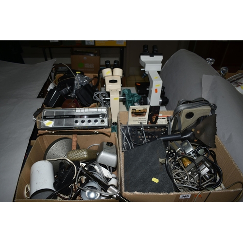 595 - THREE BOXES OF VINTAGE ELECTRICAL ITEMS, CAMERAS AND TWO MICROSCOPES, comprising a Fidelity Fi-Cord ... 