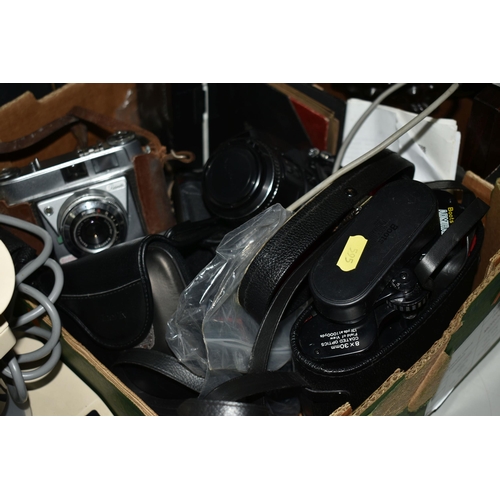 595 - THREE BOXES OF VINTAGE ELECTRICAL ITEMS, CAMERAS AND TWO MICROSCOPES, comprising a Fidelity Fi-Cord ... 