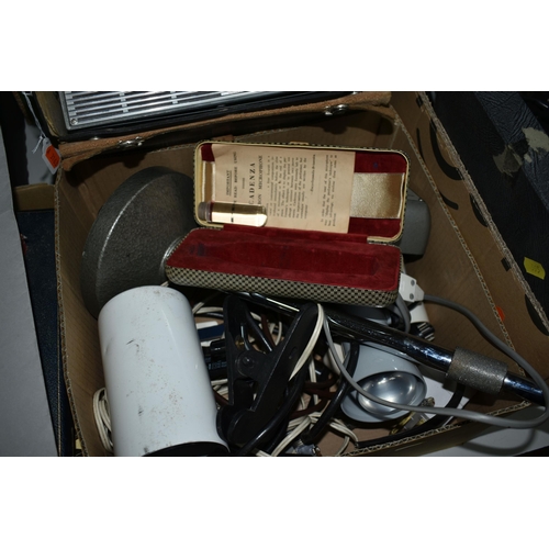 595 - THREE BOXES OF VINTAGE ELECTRICAL ITEMS, CAMERAS AND TWO MICROSCOPES, comprising a Fidelity Fi-Cord ... 