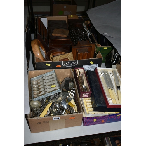 596 - THREE BOXES OF TREEN AND ASSORTED CUTLERY, to include a vintage ceramic hedgehog money box, a hinged... 