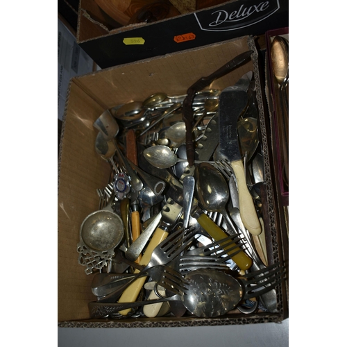 596 - THREE BOXES OF TREEN AND ASSORTED CUTLERY, to include a vintage ceramic hedgehog money box, a hinged... 