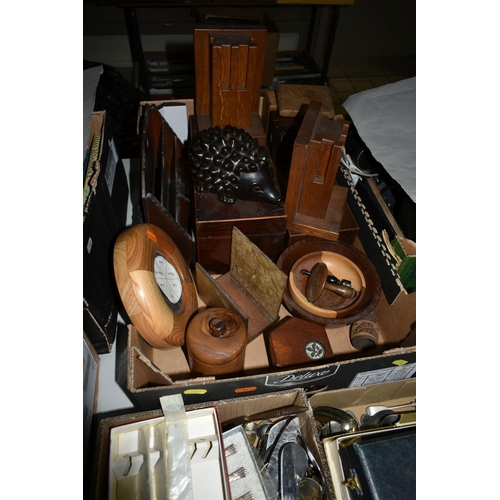 596 - THREE BOXES OF TREEN AND ASSORTED CUTLERY, to include a vintage ceramic hedgehog money box, a hinged... 